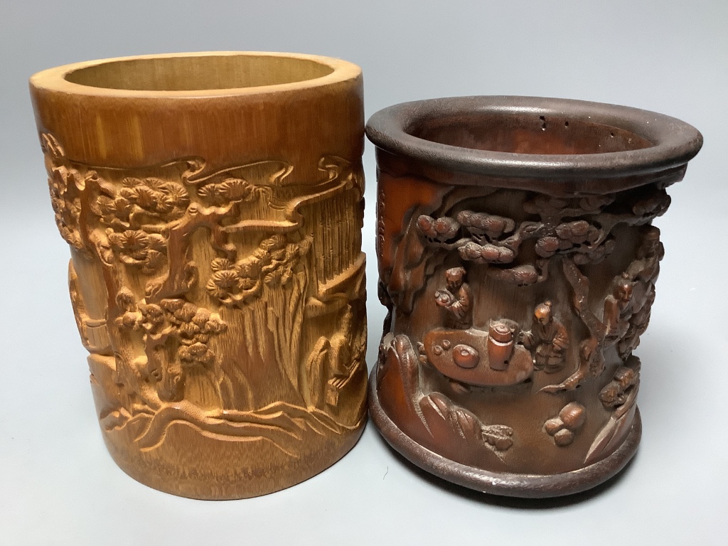 Six Chinese carved bamboo and wood brush pots, tallest 17.5cm